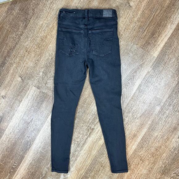 American Eagle Black Distressed Button Fly super hi-rise jegging Jeans - Picture 5 of 8